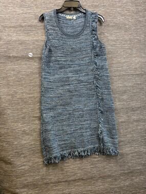 Holding Horses Sweater Dress Womens S Blue Knit Fringe Sleeveless Shift Boho